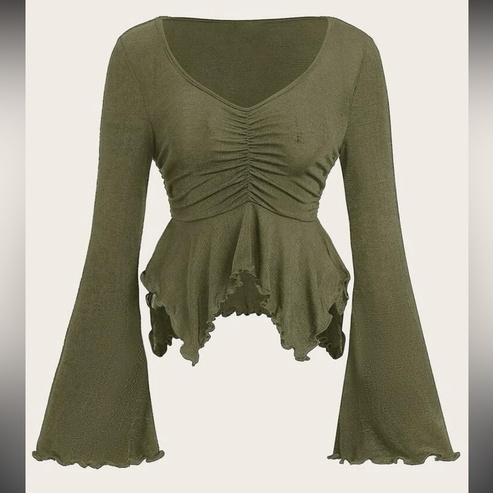 Flounce Sleeve Ruched Lettuce Trim Top